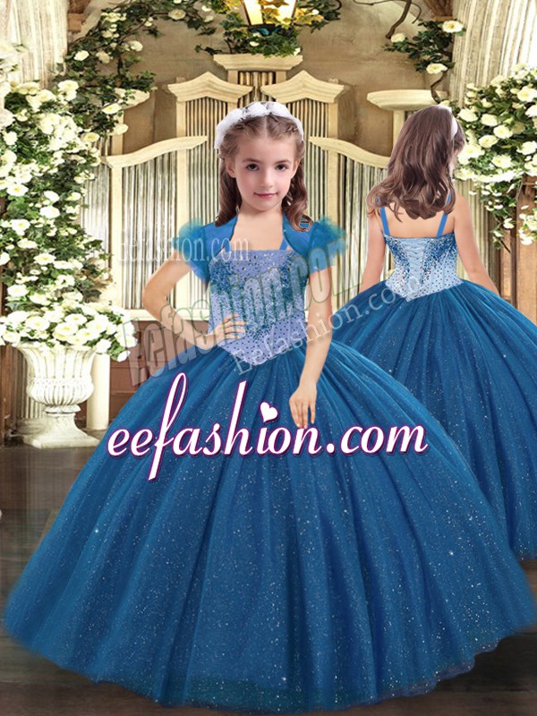  Tulle Straps Sleeveless Lace Up Beading Little Girls Pageant Gowns in Blue