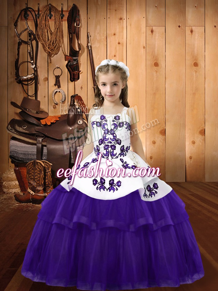 Fancy Purple Lace Up Straps Embroidery Little Girls Pageant Gowns Tulle Sleeveless