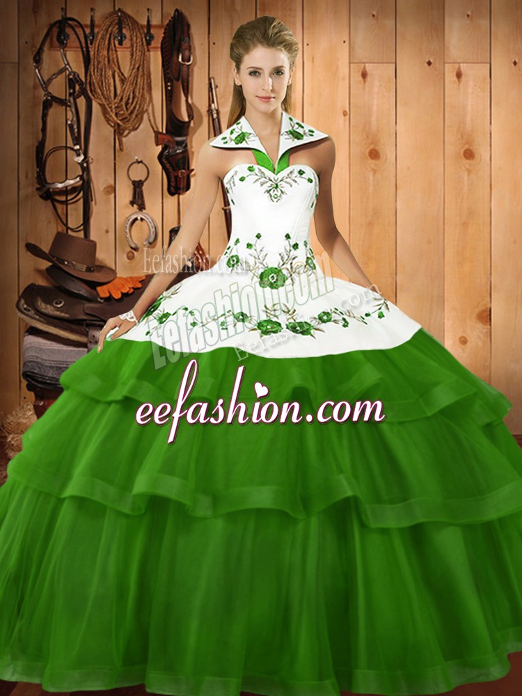 Lace Up Sweet 16 Dress Green for Military Ball and Sweet 16 and Quinceanera with Embroidery and Ruffled Layers Sweep Train