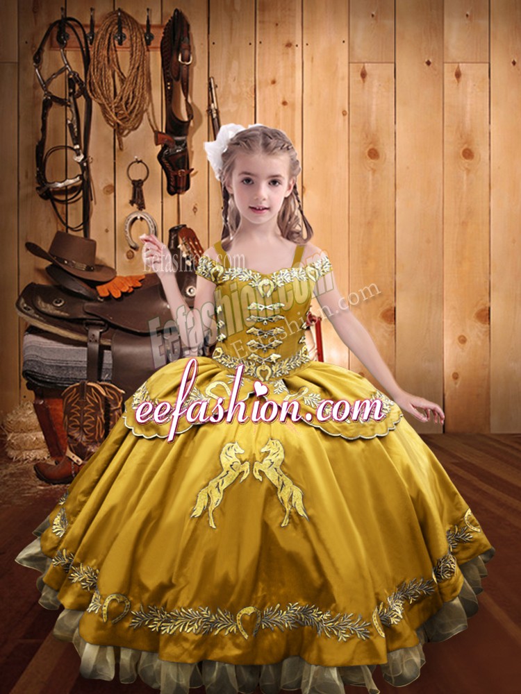  Gold Ball Gowns Off The Shoulder Sleeveless Satin Floor Length Lace Up Beading and Embroidery Little Girls Pageant Dress