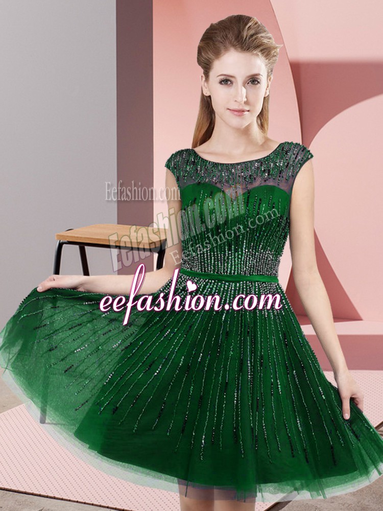 Hot Sale Empire Prom Gown Green Scoop Tulle Sleeveless Knee Length Backless