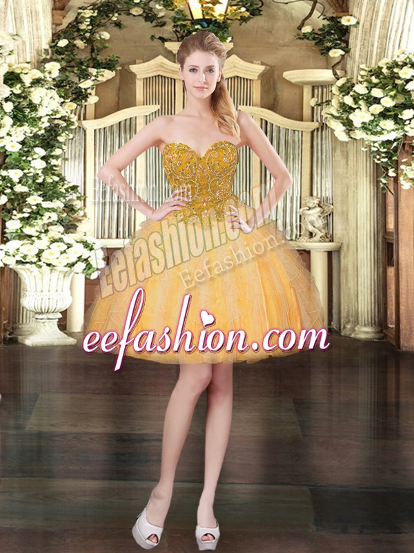 Hot Selling Beading and Ruffles Prom Dress Orange Lace Up Sleeveless Mini Length