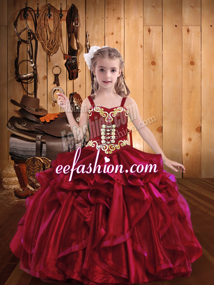  Sleeveless Lace Up Floor Length Embroidery and Ruffles Little Girl Pageant Dress
