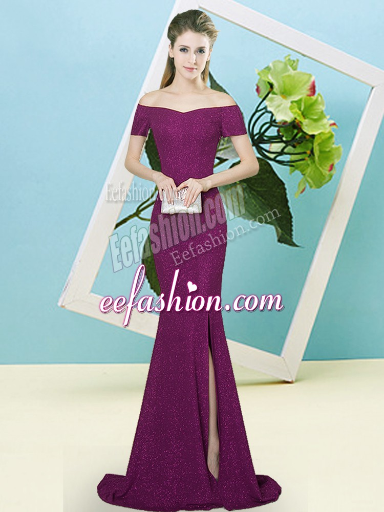 Romantic Sequins Dress for Prom Purple Zipper Short Sleeves Sweep Train