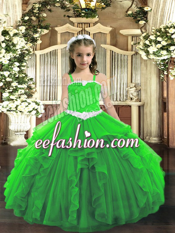  Tulle Straps Sleeveless Lace Up Appliques and Ruffles Little Girl Pageant Gowns in Green