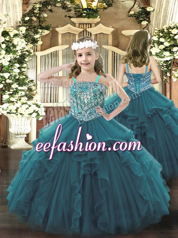 Sweet Straps Sleeveless Organza Child Pageant Dress Beading and Ruffles Lace Up