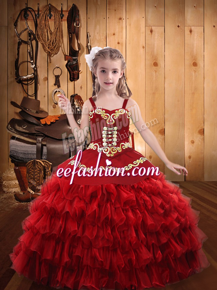  Red Straps Lace Up Embroidery and Ruffled Layers Little Girls Pageant Dress Wholesale Sleeveless