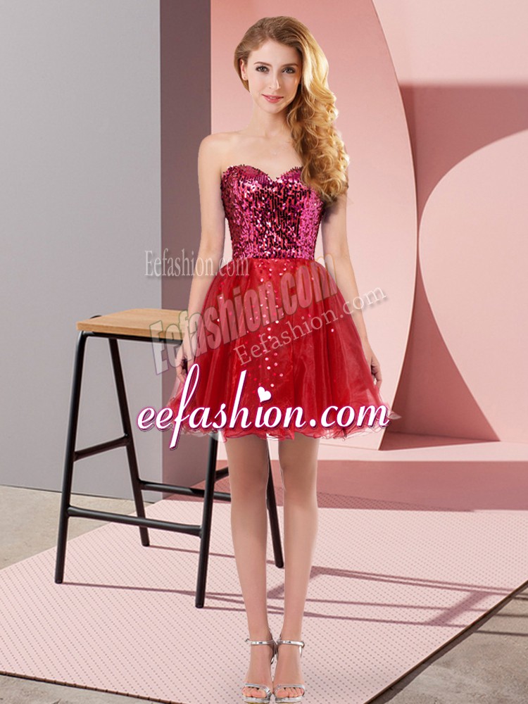 Customized Wine Red Tulle Zipper Evening Dress Sleeveless Mini Length Sequins