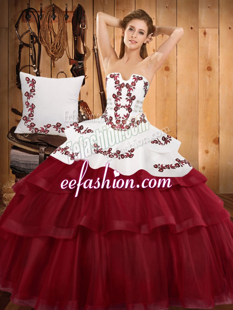 Nice Lace Up Vestidos de Quinceanera Burgundy for Military Ball and Sweet 16 and Quinceanera with Embroidery and Ruffled Layers Sweep Train