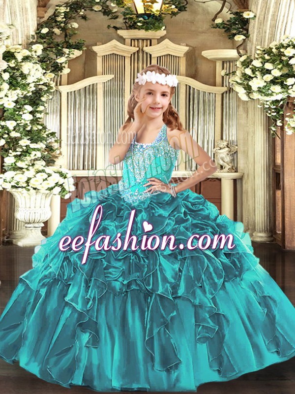 Custom Design Teal Sleeveless Floor Length Beading and Ruffles Lace Up Girls Pageant Dresses