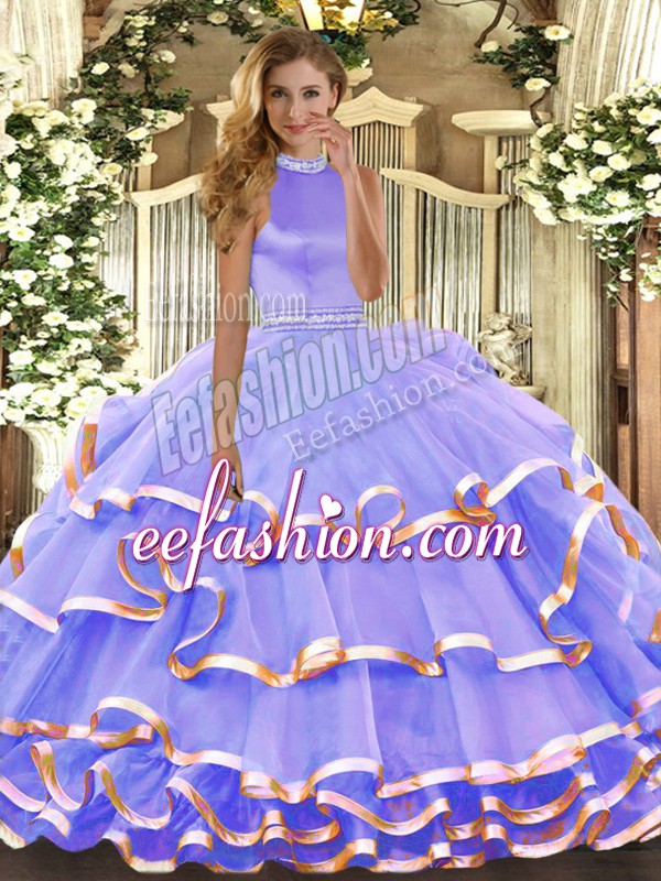  Lavender Halter Top Neckline Beading and Ruffled Layers Sweet 16 Quinceanera Dress Sleeveless Backless