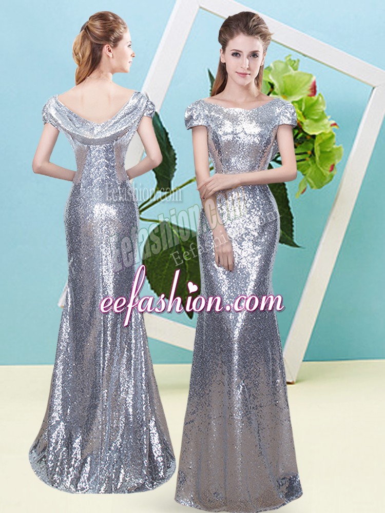 Hot Sale Cap Sleeves Sequined Floor Length Zipper Prom Dress in Silver with Sequins