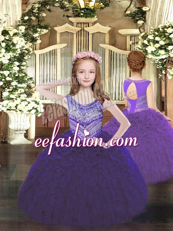 Unique Sleeveless Floor Length Beading and Ruffles Lace Up Little Girl Pageant Dress with Purple