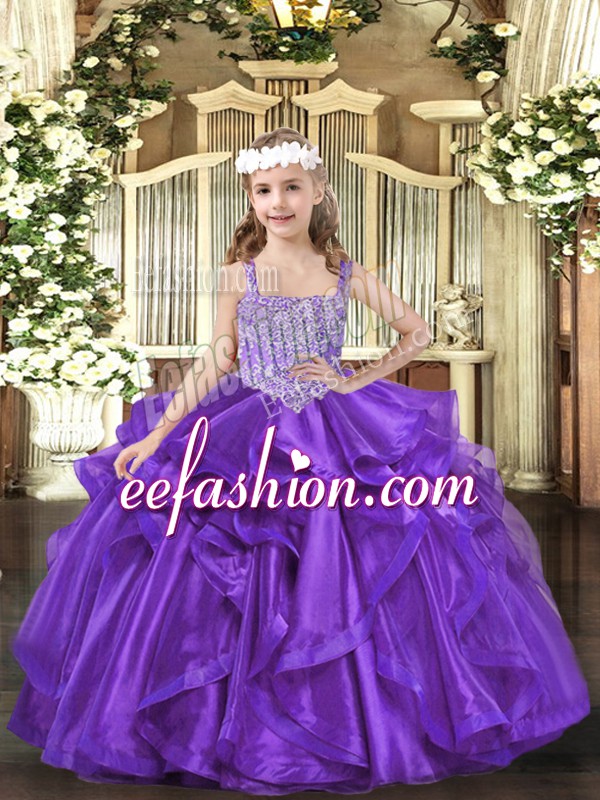  Floor Length Purple Little Girls Pageant Dress Organza Sleeveless Beading and Ruffles