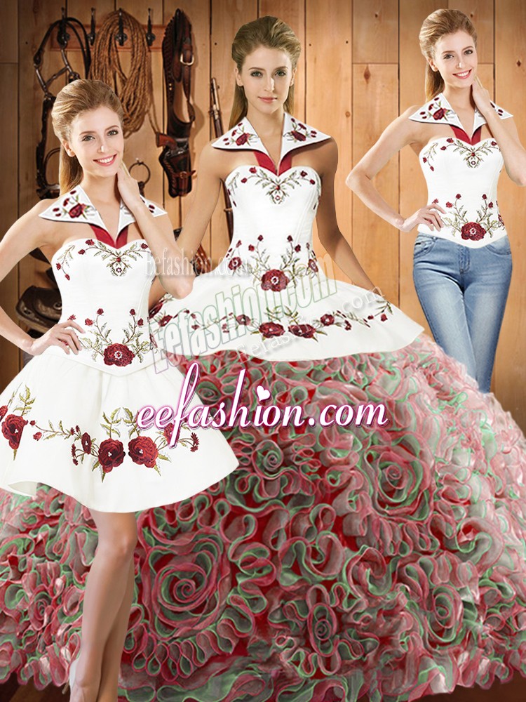  Multi-color Three Pieces Fabric With Rolling Flowers Halter Top Sleeveless Embroidery Lace Up Quince Ball Gowns Sweep Train