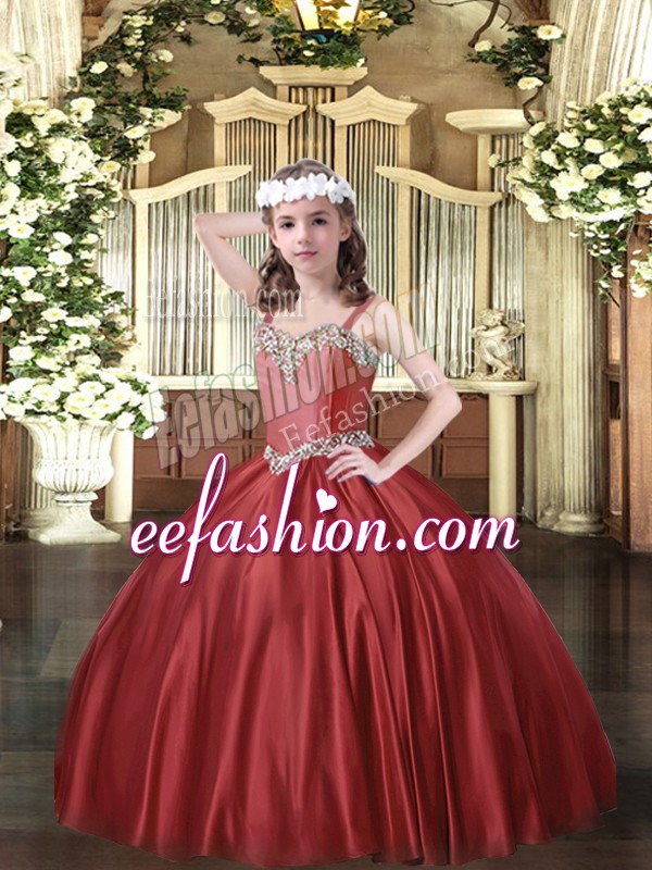 Glorious Wine Red Satin Lace Up Straps Sleeveless Floor Length Little Girl Pageant Dress Beading