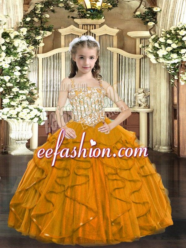 Modern Orange Ball Gowns Straps Sleeveless Tulle Floor Length Lace Up Beading and Ruffles Little Girls Pageant Gowns
