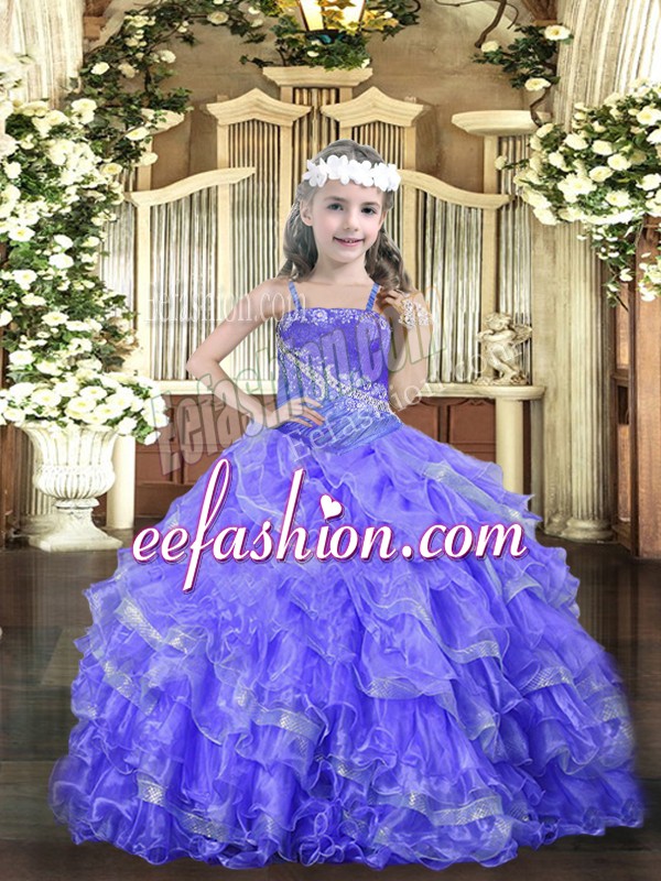 Fantastic Lavender Lace Up Straps Beading and Ruffled Layers Kids Formal Wear Organza Sleeveless