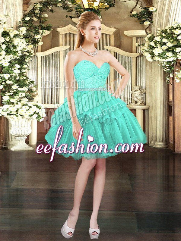 Aqua Blue A-line Tulle Sweetheart Sleeveless Beading and Lace Mini Length Lace Up Prom Gown
