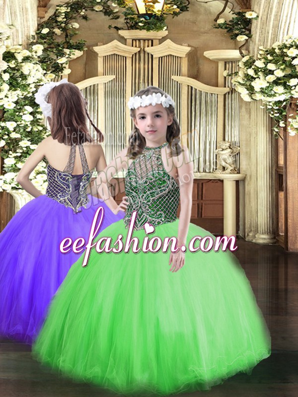  Sleeveless Tulle Floor Length Lace Up Girls Pageant Dresses in Green with Beading
