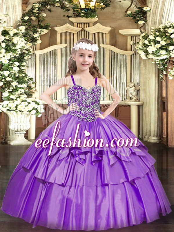 Charming Lavender Sleeveless Floor Length Beading and Ruffled Layers Lace Up Kids Pageant Dress