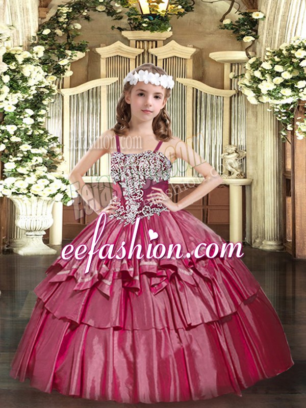Adorable Hot Pink Organza Lace Up Straps Sleeveless Floor Length Pageant Gowns For Girls Appliques and Ruffled Layers