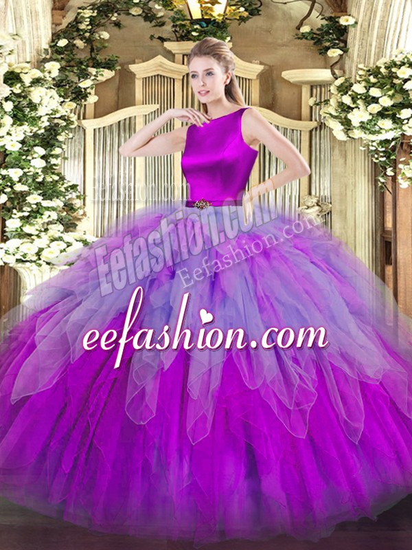  Multi-color Organza Clasp Handle Scoop Sleeveless Floor Length Quinceanera Gown Ruffles