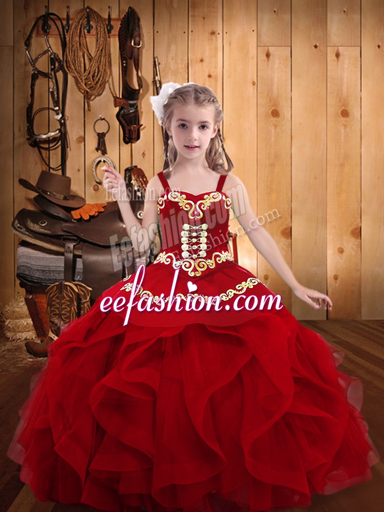 Exquisite Floor Length Wine Red Little Girl Pageant Gowns Organza Sleeveless Embroidery and Ruffles