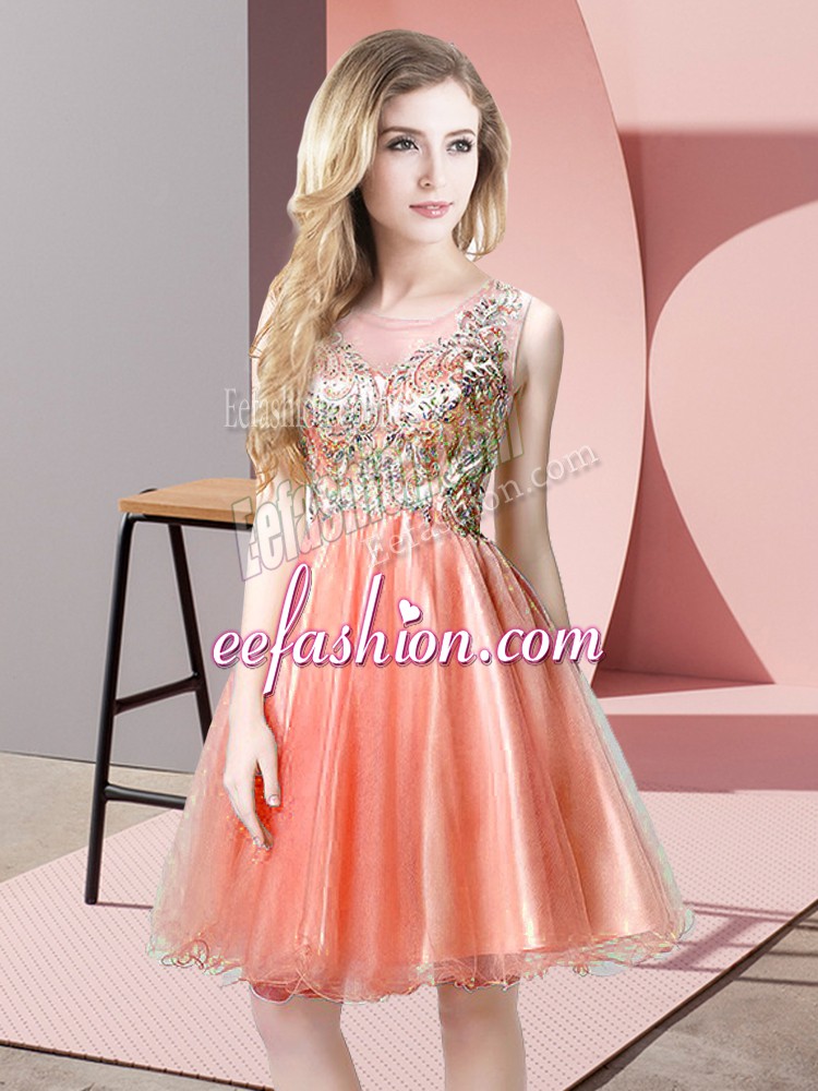  Scoop Sleeveless Prom Gown Knee Length Beading Peach Tulle