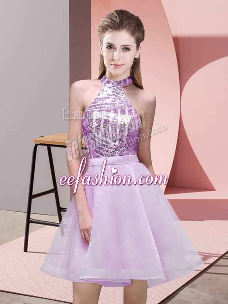  Lilac A-line Sequins Damas Dress Backless Chiffon Sleeveless Mini Length