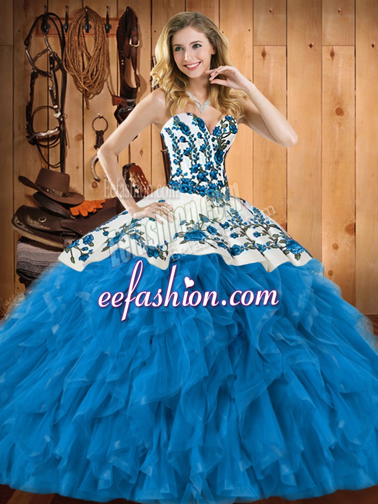 Low Price Teal Lace Up Sweetheart Embroidery and Ruffles Sweet 16 Quinceanera Dress Tulle Sleeveless