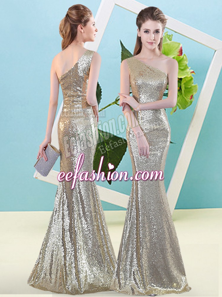 Vintage Champagne Mermaid Sequins Homecoming Dress Zipper Sequined Sleeveless Floor Length