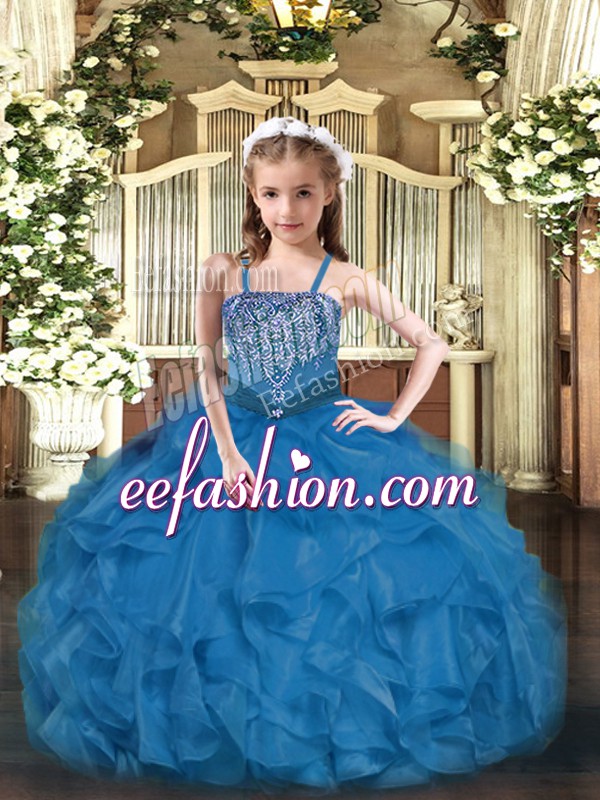  Blue Straps Neckline Beading and Ruffles Little Girl Pageant Gowns Sleeveless Lace Up