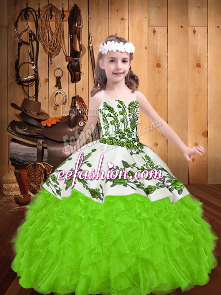  Floor Length Girls Pageant Dresses Organza Sleeveless Embroidery and Ruffles