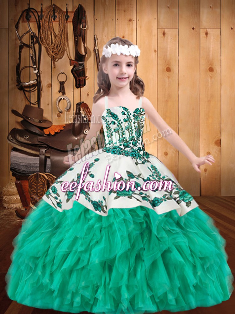High Class Organza Sleeveless Floor Length Girls Pageant Dresses and Embroidery and Ruffles