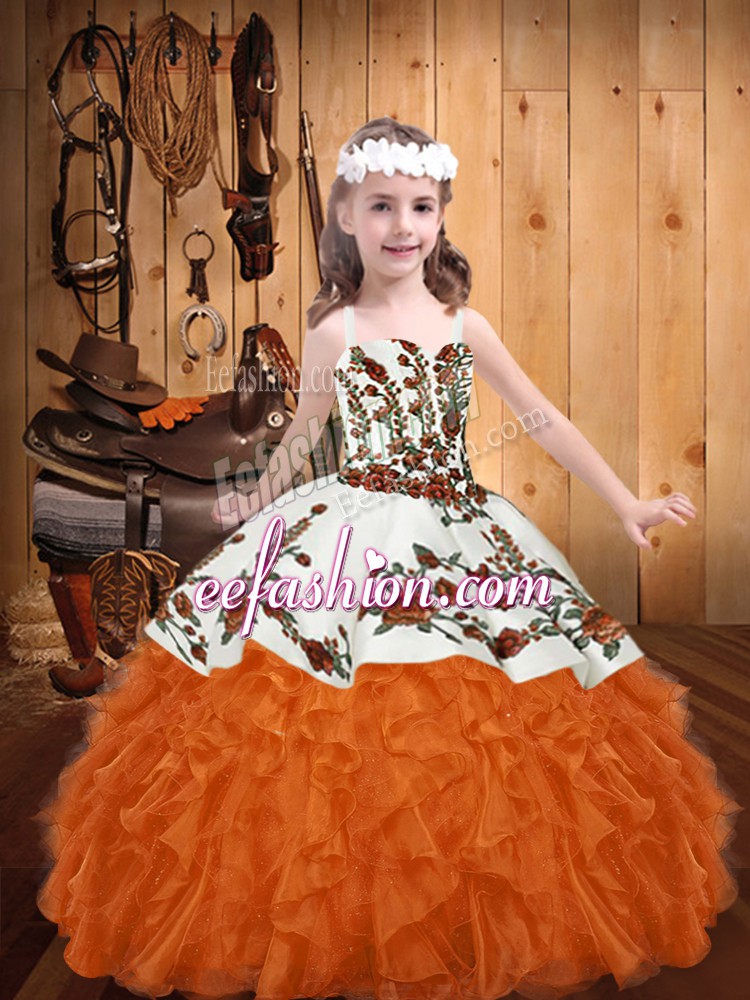  Orange Red Ball Gowns Organza Straps Sleeveless Embroidery and Ruffles Floor Length Lace Up Little Girl Pageant Gowns