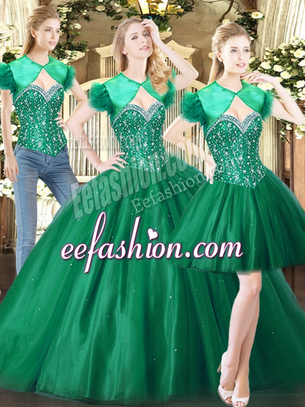  Sleeveless Floor Length Beading Lace Up Ball Gown Prom Dress with Green