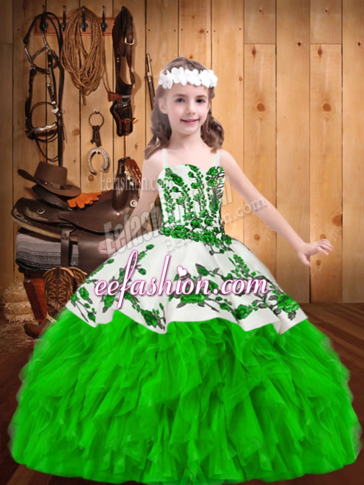 Luxurious Girls Pageant Dresses Party and Sweet 16 and Quinceanera and Wedding Party with Embroidery and Ruffles Straps Sleeveless Zipper