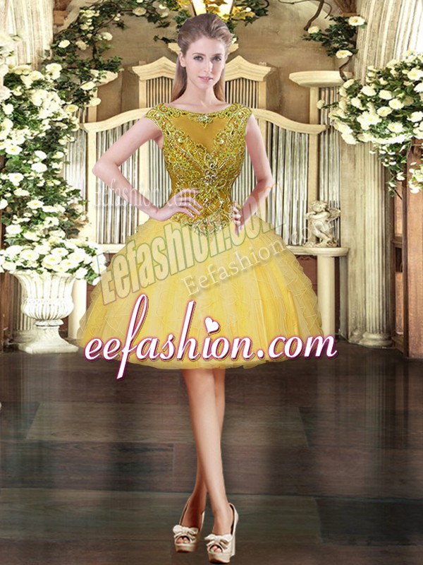Ideal Scoop Cap Sleeves Prom Dresses Mini Length Beading and Ruffles Gold Tulle