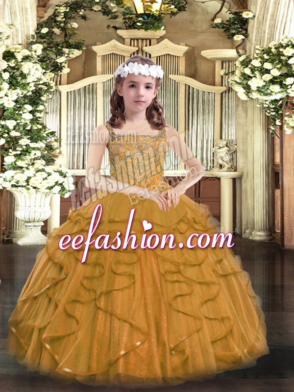  Brown Sleeveless Floor Length Beading and Ruffles Lace Up Girls Pageant Dresses