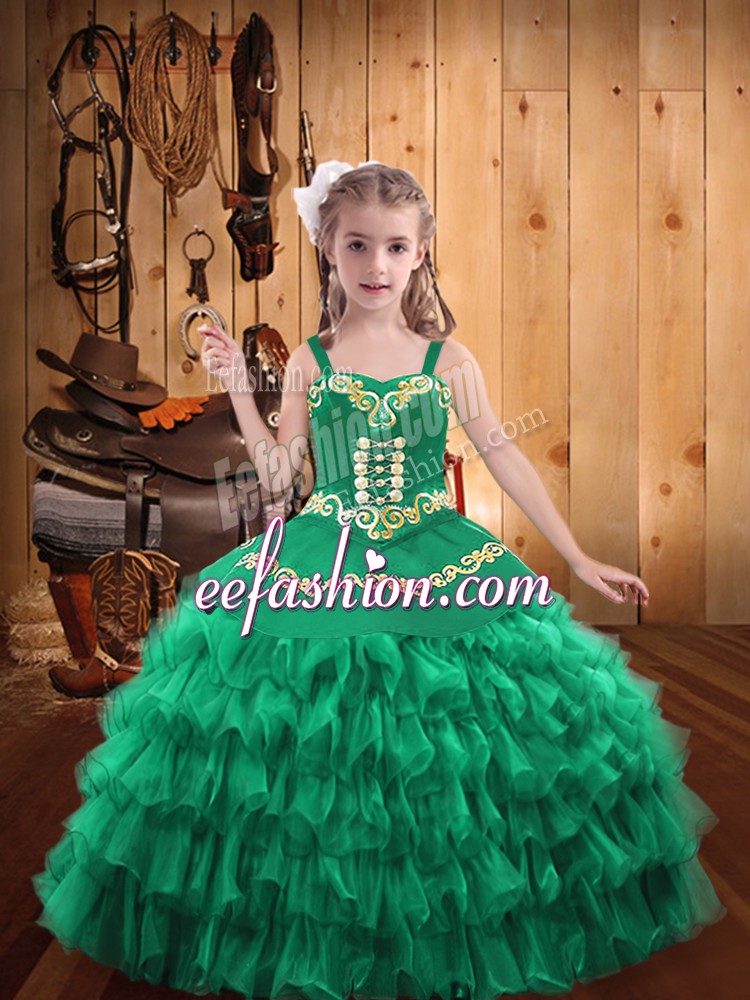 Hot Sale Turquoise Ball Gowns Organza Straps Sleeveless Embroidery and Ruffled Layers Floor Length Lace Up Little Girls Pageant Gowns