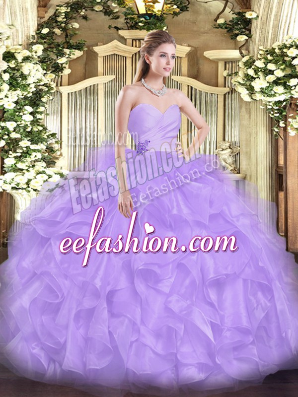  Lavender Sleeveless Floor Length Beading and Ruffles Lace Up Sweet 16 Dresses