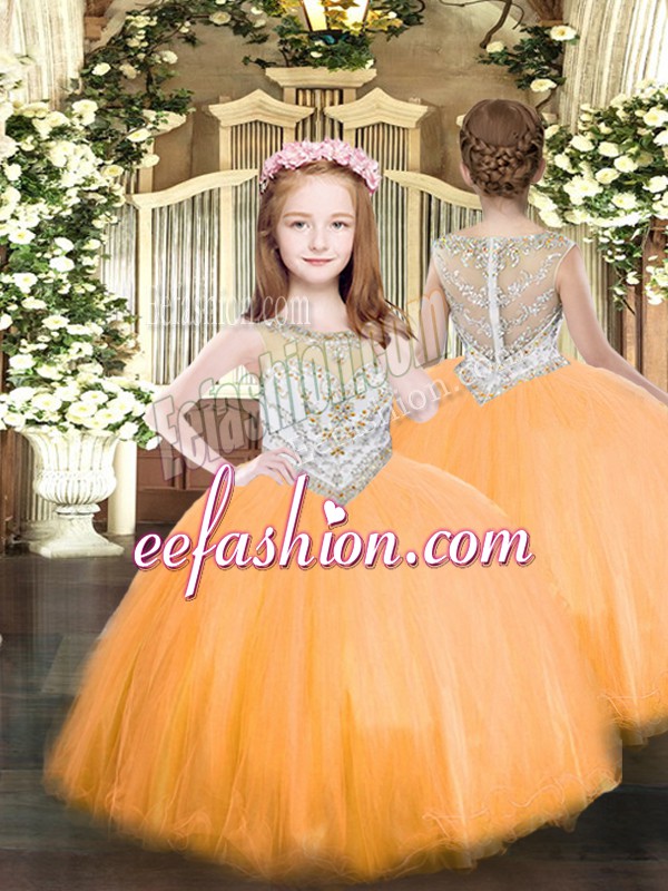  Orange Sleeveless Beading Floor Length Little Girls Pageant Dress