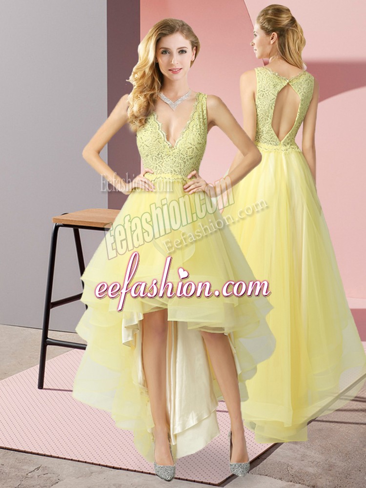  High Low Yellow Quinceanera Court Dresses Tulle Sleeveless Beading and Lace