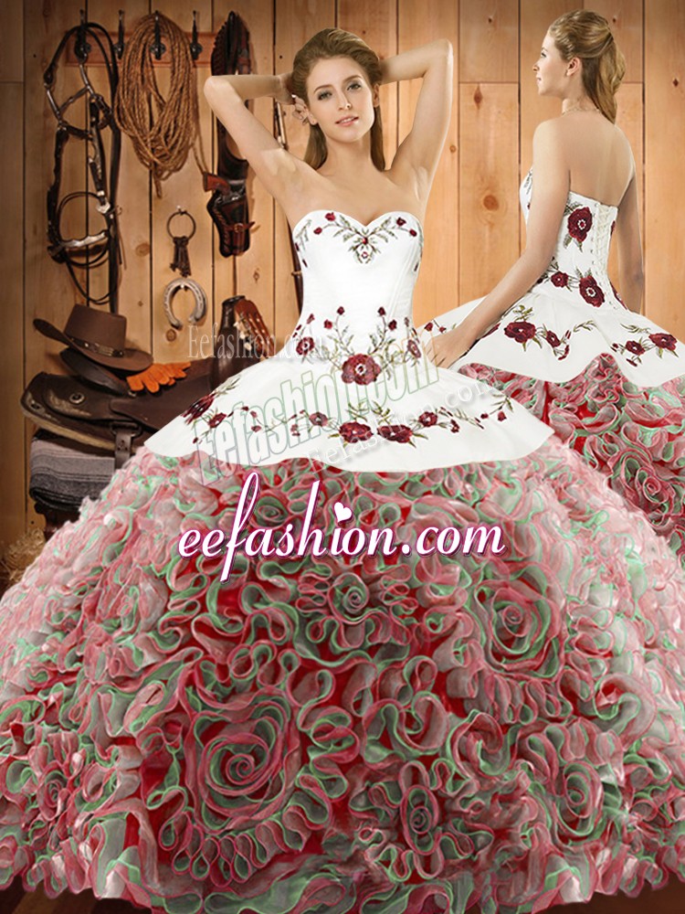 Super Multi-color Ball Gowns Fabric With Rolling Flowers Sweetheart Sleeveless Embroidery Lace Up Quinceanera Gown Sweep Train