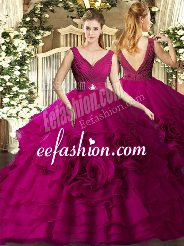  Fuchsia Ball Gowns Organza V-neck Sleeveless Beading and Ruffles Floor Length Backless Sweet 16 Dress