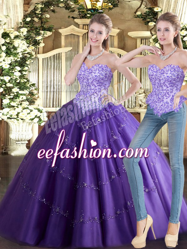  Purple Ball Gowns Tulle Sweetheart Sleeveless Beading Floor Length Lace Up 15 Quinceanera Dress