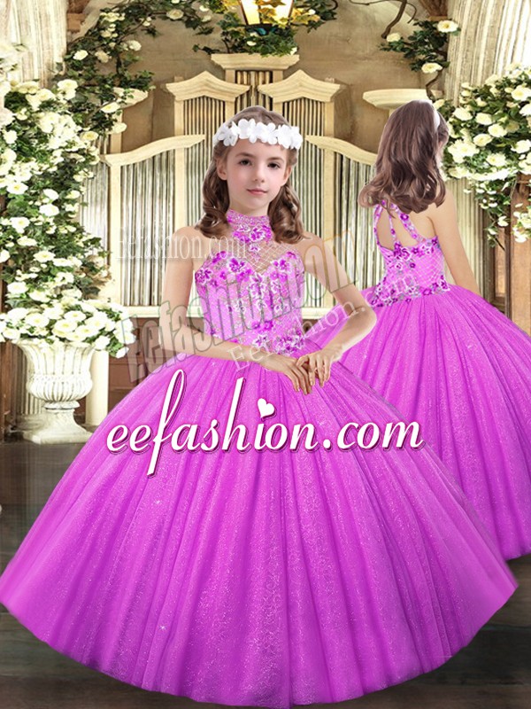  Ball Gowns Little Girls Pageant Dress Wholesale Lilac Halter Top Tulle Sleeveless Floor Length Lace Up