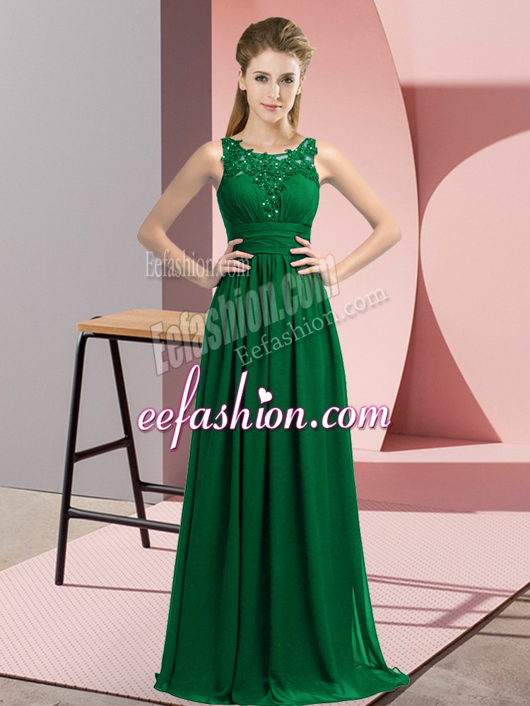 Amazing Chiffon Scoop Sleeveless Zipper Beading and Appliques Quinceanera Court of Honor Dress in Dark Green