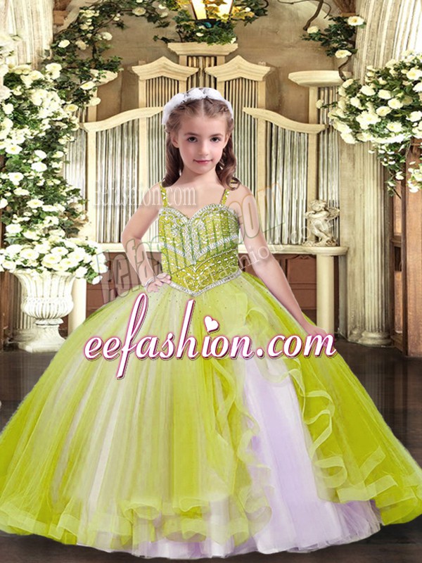  Yellow Green Ball Gowns Tulle Straps Sleeveless Beading Floor Length Lace Up Pageant Gowns For Girls